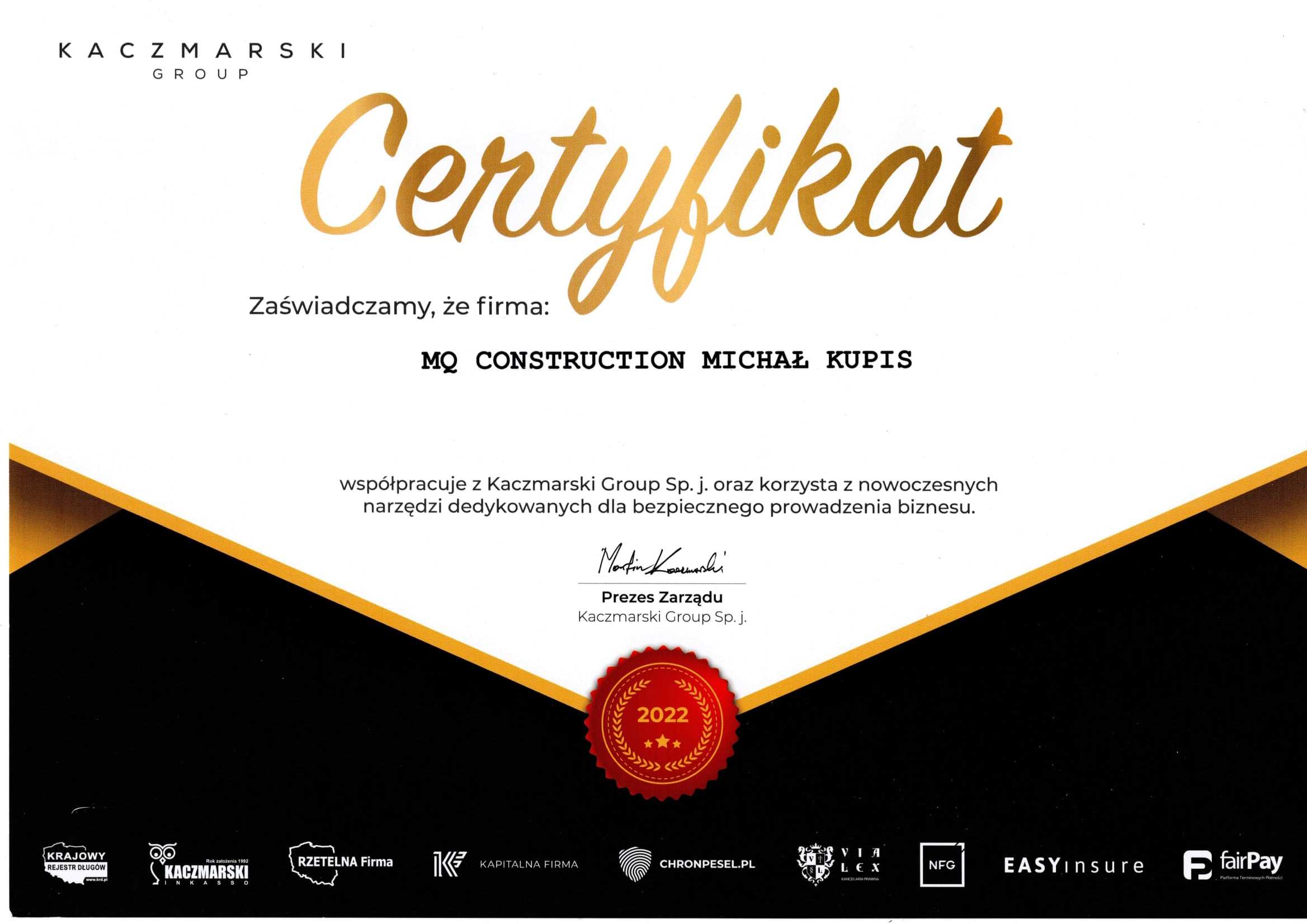 Kaczmarski Group certyfikat